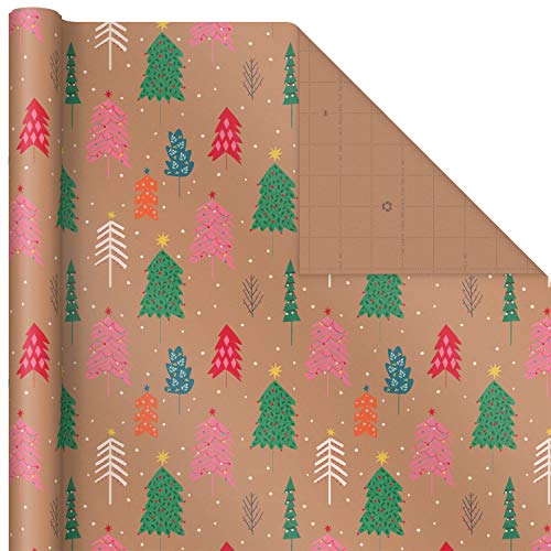 Hallmark Colorful Recyclable Christmas Wrapping Paper with Cut Lines on Reverse (3 Rolls: 90 sq. ft. ttl) Kraft Brown with Snowflakes, Pink Trees, "All Kinds of Merry"