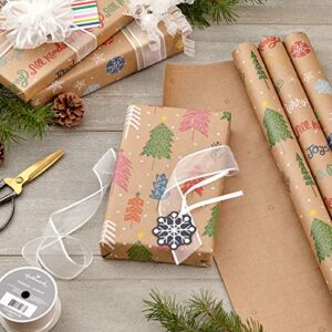 Hallmark Colorful Recyclable Christmas Wrapping Paper with Cut Lines on Reverse (3 Rolls: 90 sq. ft. ttl) Kraft Brown with Snowflakes, Pink Trees, "All Kinds of Merry"