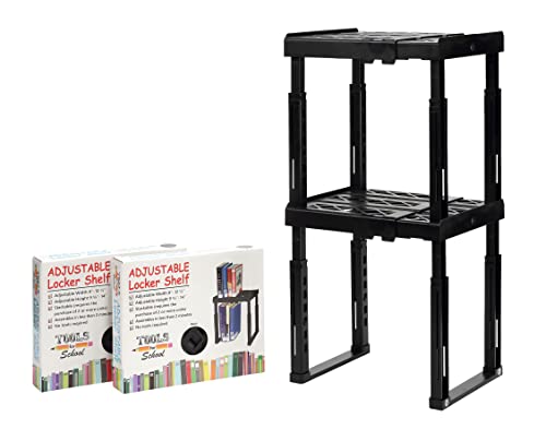 Tools for School Locker Shelf Organizer for School Locker - Locker Organizer - Strong ABS Plastic - Adjustable Width with Side Magnets - Patented Stackable Shelf Organizer - Pack of 2 - (Black)