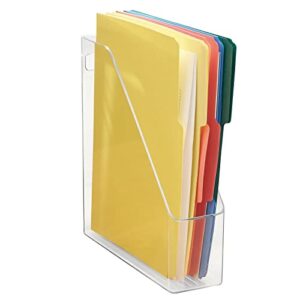 mdesign plastic slim vertical file folder bin storage organizer with handle – hold notebooks, binders, envelopes, magazines for home office, work desktops, ligne collection, clear