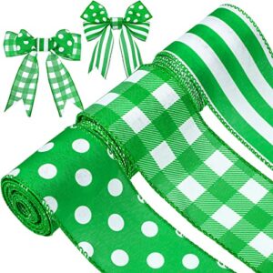 3 rolls 15 yards st. patrick’s day burlap wired ribbons green wrapping ribbons farmhouse craft ribbon plaid striped dot ribbons for saint patty’s day party irish home diy crafts holiday decoration