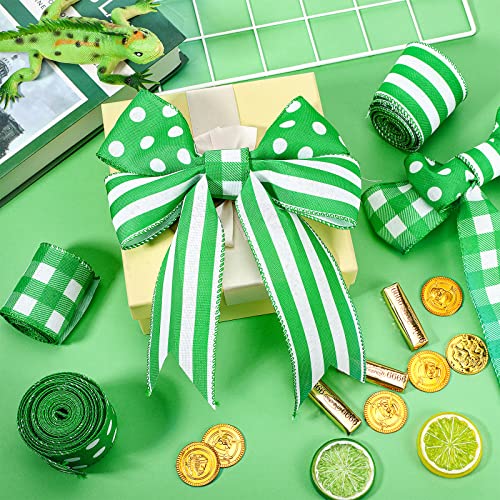 3 Rolls 15 Yards St. Patrick's Day Burlap Wired Ribbons Green Wrapping Ribbons Farmhouse Craft Ribbon Plaid Striped Dot Ribbons for Saint Patty's Day Party Irish Home DIY Crafts Holiday Decoration