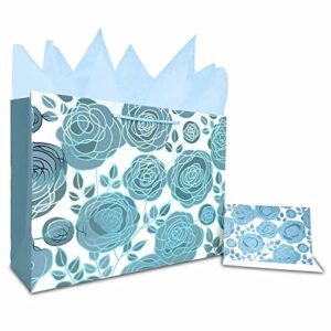 rose blue large gift bag with gift card, blue tissue paper, envelope, and sticker, for parties, birthdays, mother’s day, weddings, retirements, anniversaries, any occasion-hot stamping blue design