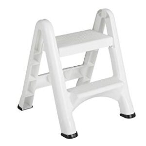 Rubbermaid Two-Step Folding Foot Stool, 14-Inch High, White, 300 Pound Capasity, Small Step Stool for Adults/Kids For Use in Library/Kitchen/Bathroom/Garage/Closet