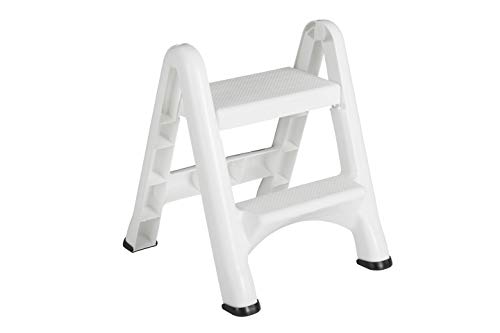 Rubbermaid Two-Step Folding Foot Stool, 14-Inch High, White, 300 Pound Capasity, Small Step Stool for Adults/Kids For Use in Library/Kitchen/Bathroom/Garage/Closet