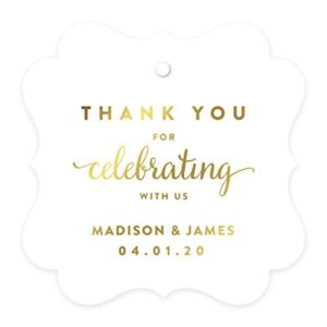 andaz press personalized fancy frame square wedding gift tags, metallic gold ink, thank you for celebrating with us, 24-pack, custom made any name, gold stationery