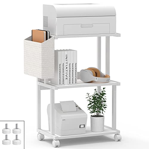 Ostreeful 3 Tier Printer Stand Modern White Printer Mobile Wooden Printer Shelf Table Organizer for Home Office Kitchen