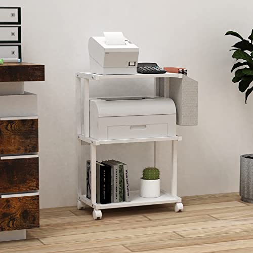 Ostreeful 3 Tier Printer Stand Modern White Printer Mobile Wooden Printer Shelf Table Organizer for Home Office Kitchen