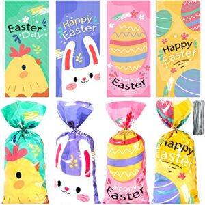 pinwatt 100pcs easter cellophane treat bags with ties, easter goodie candy gift bags for kids egg hunt game, party favor supplies, (4 sweet styles, 11″×5″)