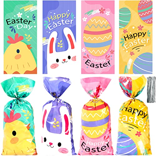 PINWATT 100Pcs Easter Cellophane Treat Bags with Ties, Easter Goodie Candy Gift bags for Kids Egg Hunt Game, Party favor Supplies, (4 Sweet Styles, 11"×5")