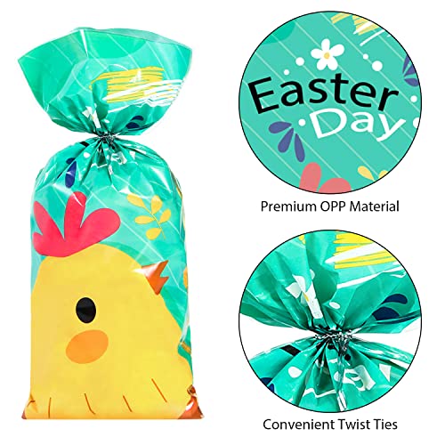 PINWATT 100Pcs Easter Cellophane Treat Bags with Ties, Easter Goodie Candy Gift bags for Kids Egg Hunt Game, Party favor Supplies, (4 Sweet Styles, 11"×5")