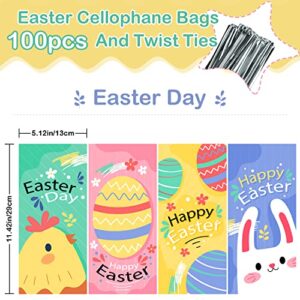 PINWATT 100Pcs Easter Cellophane Treat Bags with Ties, Easter Goodie Candy Gift bags for Kids Egg Hunt Game, Party favor Supplies, (4 Sweet Styles, 11"×5")