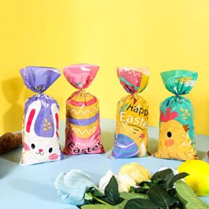 PINWATT 100Pcs Easter Cellophane Treat Bags with Ties, Easter Goodie Candy Gift bags for Kids Egg Hunt Game, Party favor Supplies, (4 Sweet Styles, 11"×5")