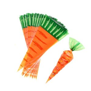 yasuoa 100 pieces easter carrot transparent cone cello bags carrot shaped green top goody bags 7.9 * 15.4” plastic treat bags triangle bags for kids party bean cookies popcorn christmas chocolates