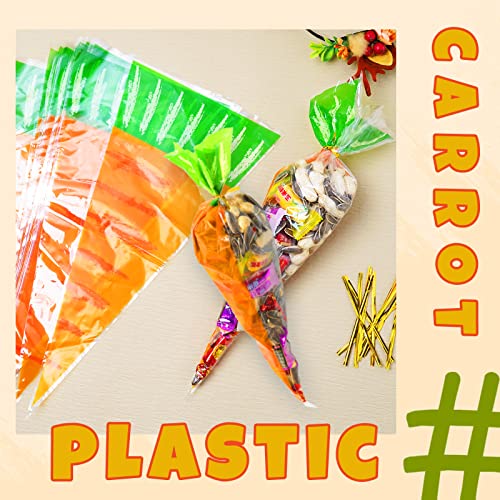 YASUOA 100 Pieces Easter Carrot Transparent Cone Cello Bags Carrot Shaped Green Top Goody Bags 7.9 * 15.4'' Plastic Treat Bags Triangle Bags for Kids Party Bean Cookies Popcorn Christmas Chocolates