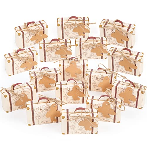 VGoodall 120 Pcs Mini Suitcase Favor Box Party Favor Candy Box, Vintage Kraft Paper with Tags and Burlap Twine for Wedding/Travel Themed Party/Bridal Shower Decoration