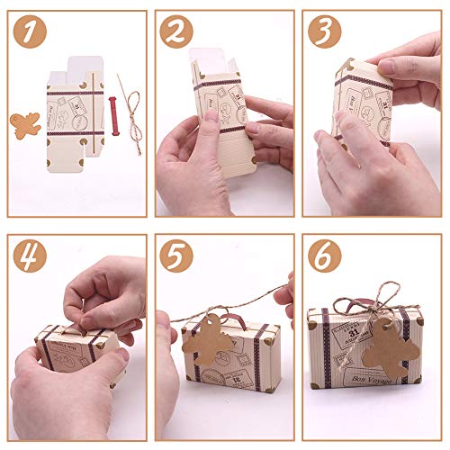 VGoodall 120 Pcs Mini Suitcase Favor Box Party Favor Candy Box, Vintage Kraft Paper with Tags and Burlap Twine for Wedding/Travel Themed Party/Bridal Shower Decoration