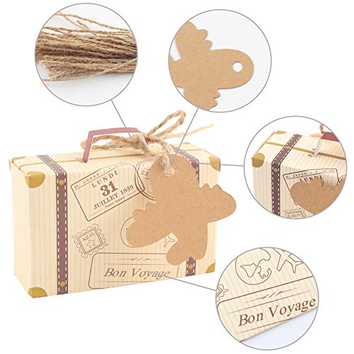 VGoodall 120 Pcs Mini Suitcase Favor Box Party Favor Candy Box, Vintage Kraft Paper with Tags and Burlap Twine for Wedding/Travel Themed Party/Bridal Shower Decoration