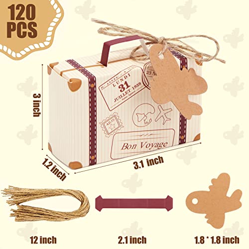 VGoodall 120 Pcs Mini Suitcase Favor Box Party Favor Candy Box, Vintage Kraft Paper with Tags and Burlap Twine for Wedding/Travel Themed Party/Bridal Shower Decoration