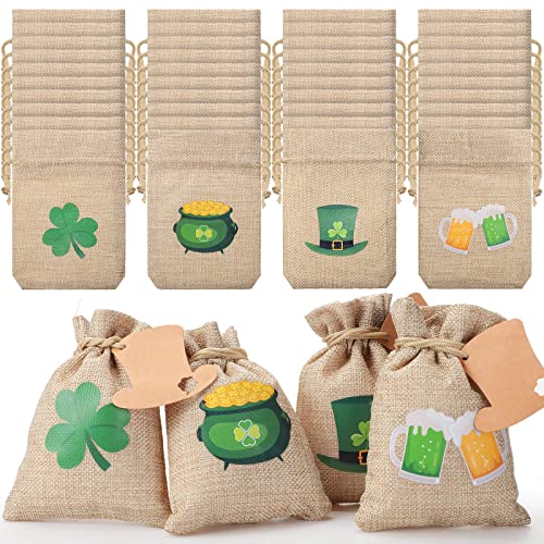 St. Patrick's Day Burlap Gift Drawstring Bags with Shamrock, Top Hat, Gold Pot, Beer Decor Burlap Candy Bags Linen Treat Bags Coin Bags with Cards for St. Patrick's Day Party Supplies (100)