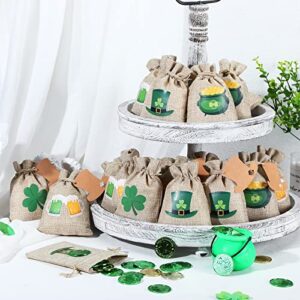 St. Patrick's Day Burlap Gift Drawstring Bags with Shamrock, Top Hat, Gold Pot, Beer Decor Burlap Candy Bags Linen Treat Bags Coin Bags with Cards for St. Patrick's Day Party Supplies (100)