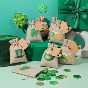 St. Patrick's Day Burlap Gift Drawstring Bags with Shamrock, Top Hat, Gold Pot, Beer Decor Burlap Candy Bags Linen Treat Bags Coin Bags with Cards for St. Patrick's Day Party Supplies (100)