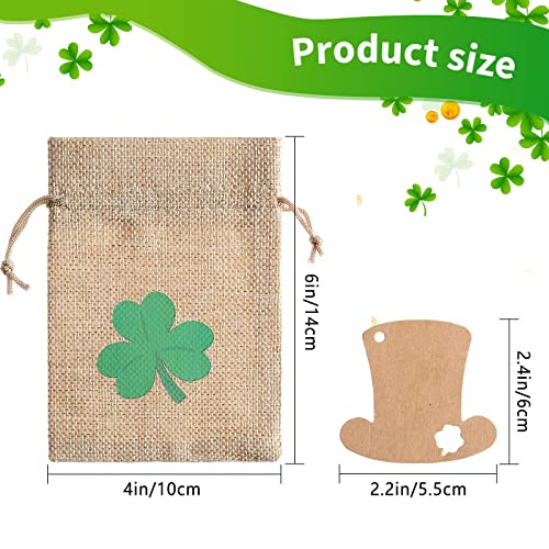 St. Patrick's Day Burlap Gift Drawstring Bags with Shamrock, Top Hat, Gold Pot, Beer Decor Burlap Candy Bags Linen Treat Bags Coin Bags with Cards for St. Patrick's Day Party Supplies (100)