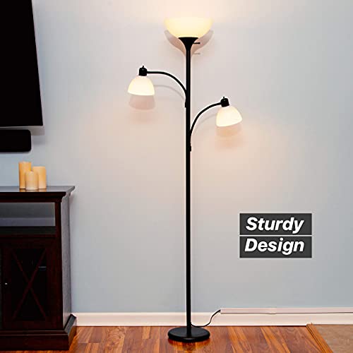 Brightech Sky Dome Double LED Floor lamp, Torchiere Super Bright Floor Lamp with 2 Reading Lamps for Living Rooms & Offices - Dimmable Tall Standing Lamp for Bedroom Reading - Tall Black Pole