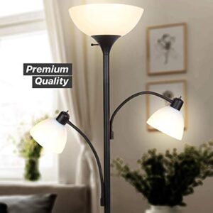 Brightech Sky Dome Double LED Floor lamp, Torchiere Super Bright Floor Lamp with 2 Reading Lamps for Living Rooms & Offices - Dimmable Tall Standing Lamp for Bedroom Reading - Tall Black Pole