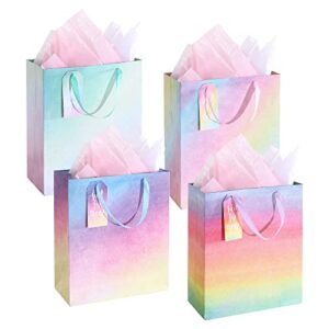 large gift bags with handles – 4 packs 10″ x 5″ x 12″ paper glitter colorful paper bags with tissue paper for birthdays, weddings, anniversaries, mother’s day, parties, baby shower goodie bags¡­