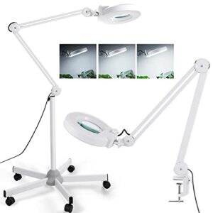 8x magnifying glass with light and stand, veemagni floor lamp with 5-wheel rolling base for facials lash estheticians, 1,500 lumens dimmable led lighted magnifier for eyelash extensions reading crafts