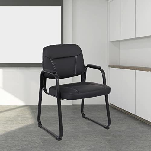 CLATINA Waiting Room Guest Chair with Bonded Leather Padded Arm Rest Modern Style with Sled Base for Office Reception and Conference Desk Black 1Pack