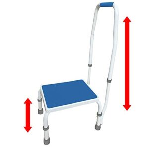 adjustastep(tm) deluxe step stool/footstool with handle/handrail, height adjustable. 2 products in 1. modern white/blue design. padded non-slip handle. 300 lb. capacity