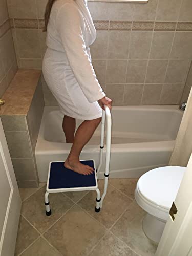 AdjustaStep(tm) Deluxe Step Stool/Footstool with Handle/Handrail, Height Adjustable. 2 Products in 1. Modern White/Blue Design. Padded Non-Slip Handle. 300 lb. Capacity