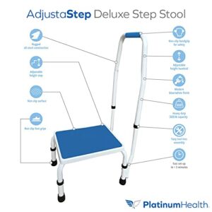 AdjustaStep(tm) Deluxe Step Stool/Footstool with Handle/Handrail, Height Adjustable. 2 Products in 1. Modern White/Blue Design. Padded Non-Slip Handle. 300 lb. Capacity