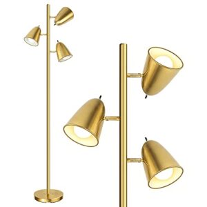 qimh tree floor lamp with 3 light bulbs, standing tall pole lamps for living room bedroom office, reading stand up lamps with 3 adjustable arms, brushed gold