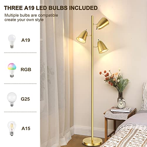 QiMH Tree Floor Lamp with 3 Light Bulbs, Standing Tall Pole Lamps for Living Room Bedroom Office, Reading Stand up Lamps with 3 Adjustable Arms, Brushed Gold