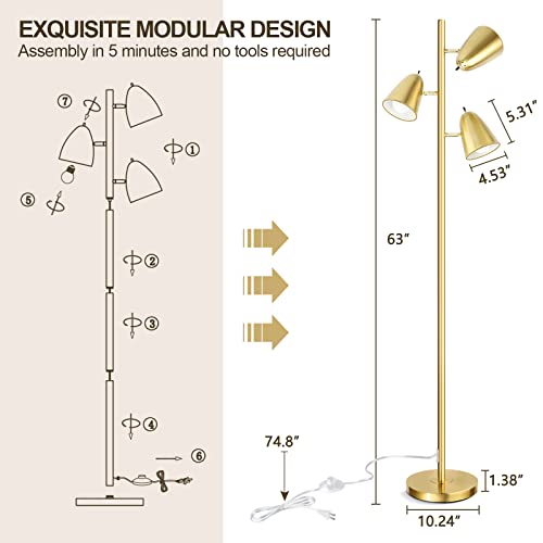 QiMH Tree Floor Lamp with 3 Light Bulbs, Standing Tall Pole Lamps for Living Room Bedroom Office, Reading Stand up Lamps with 3 Adjustable Arms, Brushed Gold