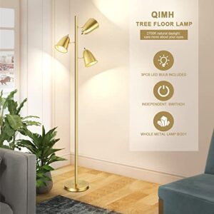 QiMH Tree Floor Lamp with 3 Light Bulbs, Standing Tall Pole Lamps for Living Room Bedroom Office, Reading Stand up Lamps with 3 Adjustable Arms, Brushed Gold