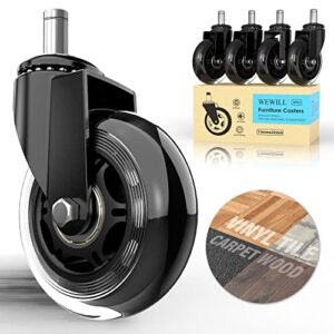 wewill rollerblade office chair wheels replacement 99% universal fit chair casters(set of 5) heavy duty rubber casters 3 inch smoothly & quietly safe for all floor, hardwood, tile, carpet