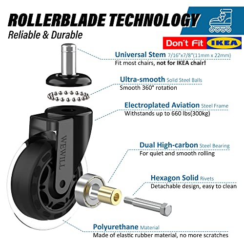 WEWILL Rollerblade Office Chair Wheels Replacement 99% Universal Fit Chair Casters(Set of 5) Heavy Duty Rubber Casters 3 INCH Smoothly & Quietly Safe for All Floor, Hardwood, Tile, Carpet