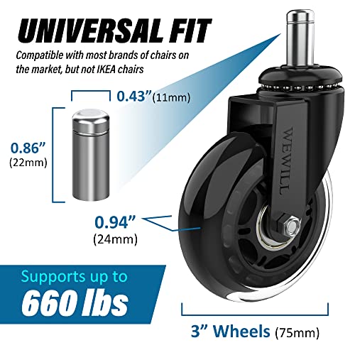 WEWILL Rollerblade Office Chair Wheels Replacement 99% Universal Fit Chair Casters(Set of 5) Heavy Duty Rubber Casters 3 INCH Smoothly & Quietly Safe for All Floor, Hardwood, Tile, Carpet