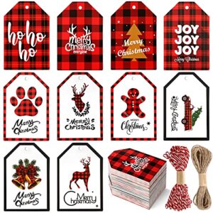 christmas gift tags 100pcs buffalo plaid paper tags red and black plaid hang labels with 65 feet jute twine for christmas holiday present wrapping decorations
