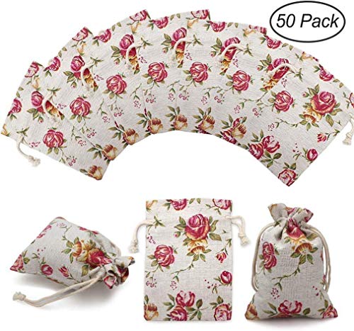 Hapdoo 50 Pack Rose Double Drawstring Burlap Bags Gift Reusable Linen Bags Jewelry Pouches Sacks for Wedding Party Gift 4"x 5.5", Presents, Festivals