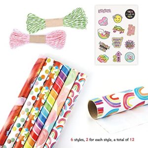 Apol Gift Wrapping Paper Birthday,Rainbow Pink Folded Gift Wrap Set 20 x 28 inches per sheet (12 sheets: 47 sq. ft. ttl.) W/String and Sticker for Bridal Baby Shower Wedding Graduation and More