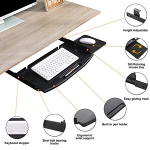 Ywbtflul Under Desk Keyboard Tray with 360 Rotating Mouse Platform,Sturdy& Easy Gliding,20in Pull Out Keyboard Platform, Ergonomic Computer Silding Keyboard Drawer, Black