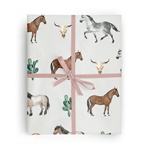 revel & co western horses birthday gift wrap by hoot leroux—horse wrapping paper folded flat, 27 x 39 inches—cowboy wrapping paper with horses, cowboy boots, cow skulls, and cactus