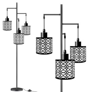 aigotek dimmable industrial floor lamp with 3-lights black farmhouse floor lamps for living room, modern tall standing lamp with birdcage shades & base for bedroom, office