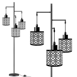 AIGOTEK Dimmable Industrial Floor Lamp with 3-Lights Black Farmhouse Floor Lamps for Living Room, Modern Tall Standing Lamp with Birdcage Shades & Base for Bedroom, Office