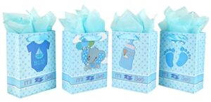 dragonfy 16 pcs baby shower bags for boys – medium paper gift bags with gift wrapping paper, baby shower party favors for guests baby birthday treat bags(it’s a boy!), blue